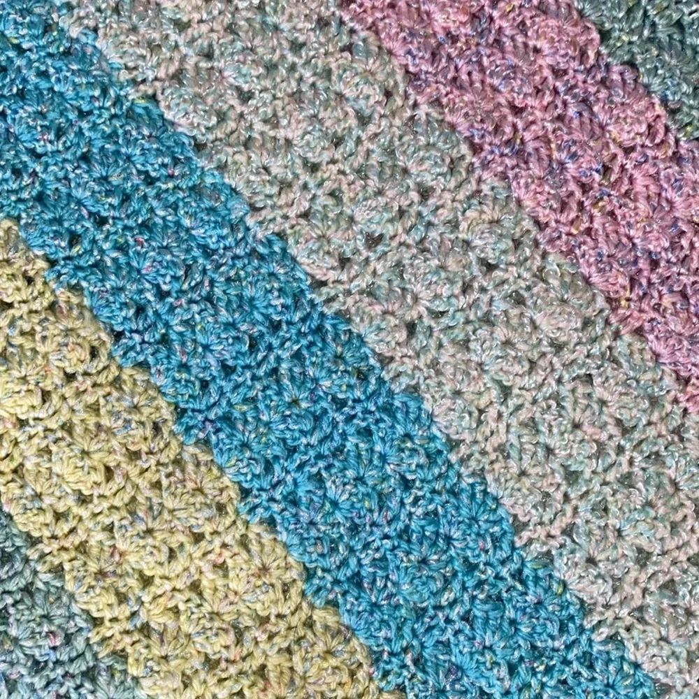 Handmade Pastel Stripped Crochet Baby Blanket Scalloped Trim 40”x40”